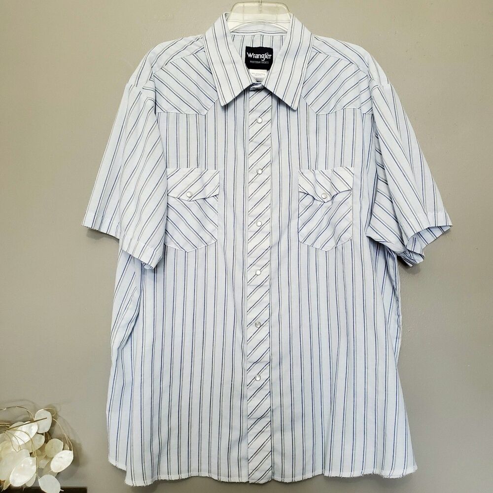 Wrangler Western Shirt Mens Size XXL Blue Stripe Pearl Snap Lightweight Pockets